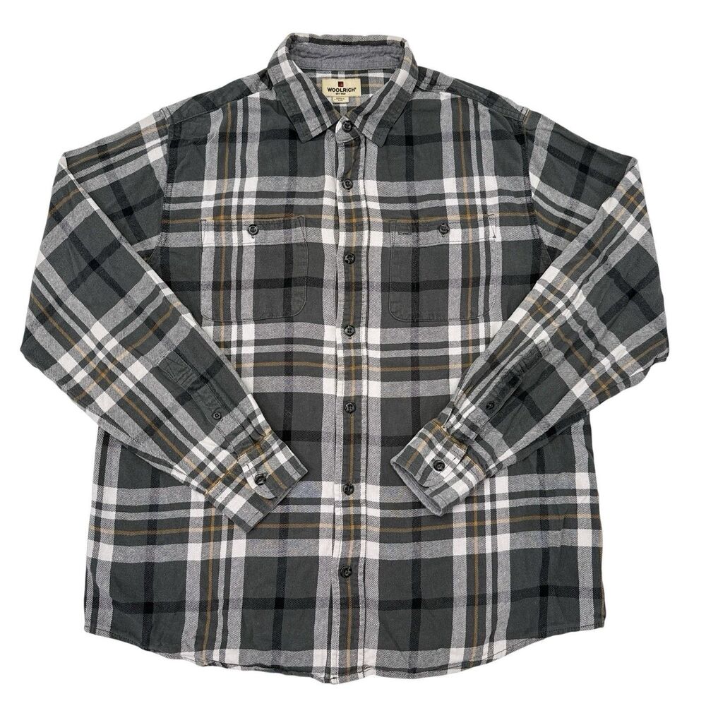 Woolrich‎ Shirt Mens Size Large Gray Plaid Flannel Button Down Hiking Workwear